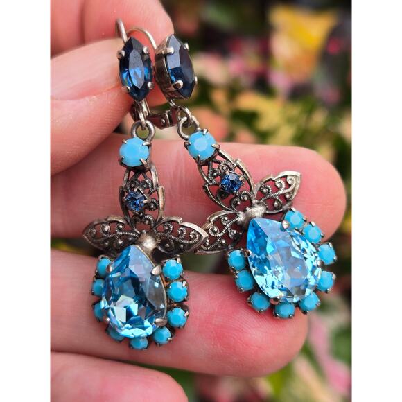 Vintage NIKOLAS FRANGOS Blue Swarovski Crystal Chandelier Earrings, Stunning! - Picture 2 of 10